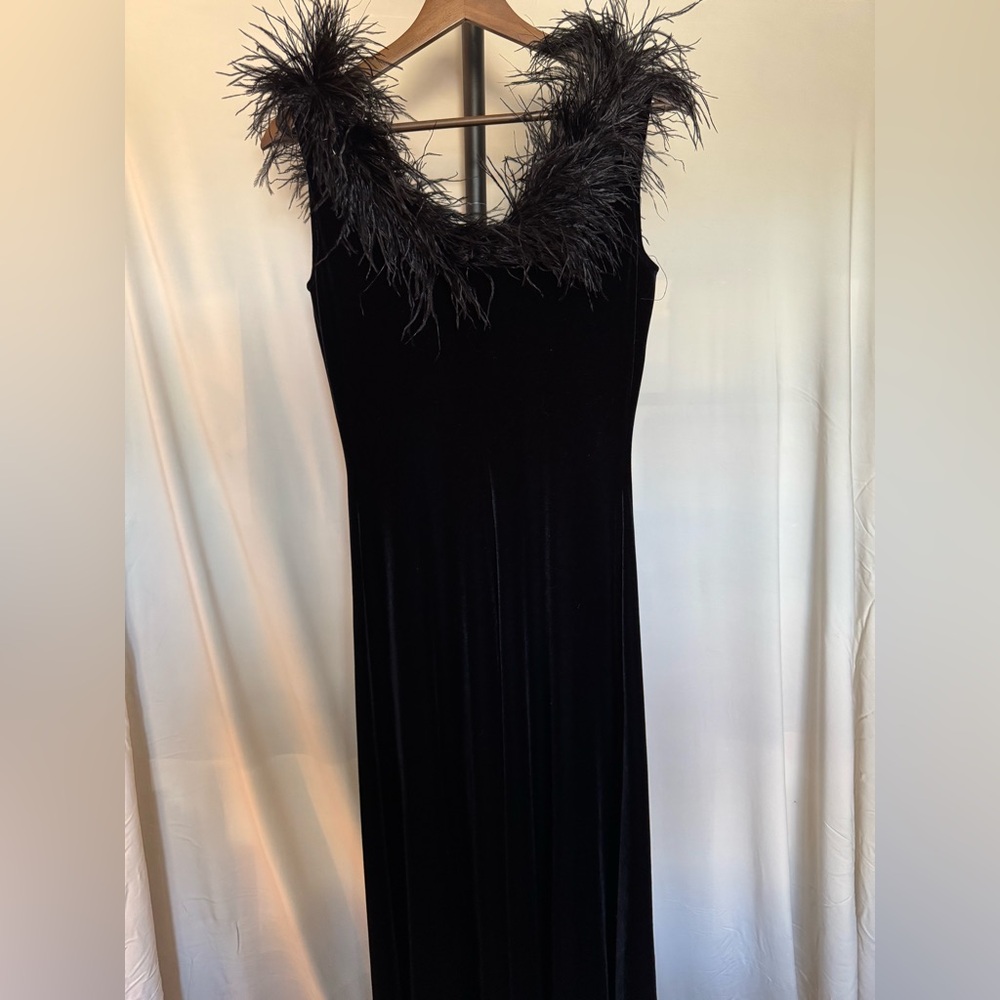 Jeffrey and Dara Evenings Black Feather Trim Dress